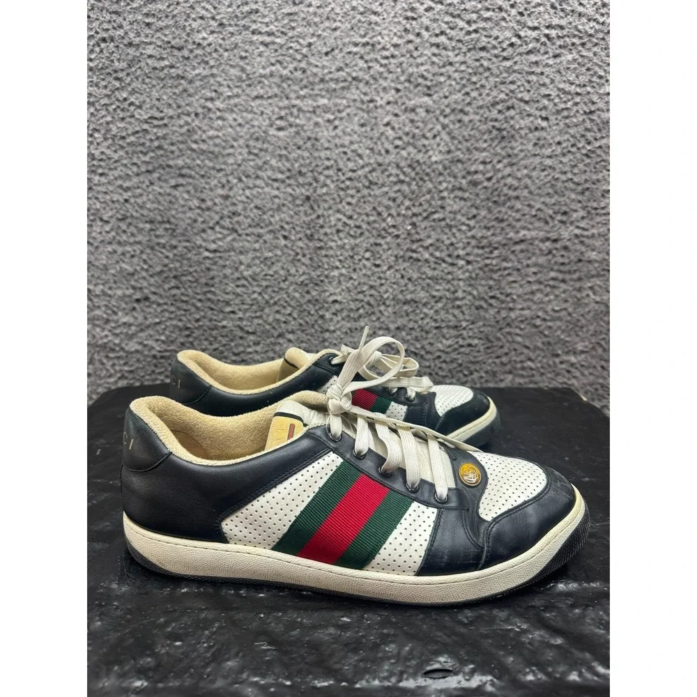 Gucci Screener Lace Up Leather Low Top Sneakers Black White Mens Size 12 US